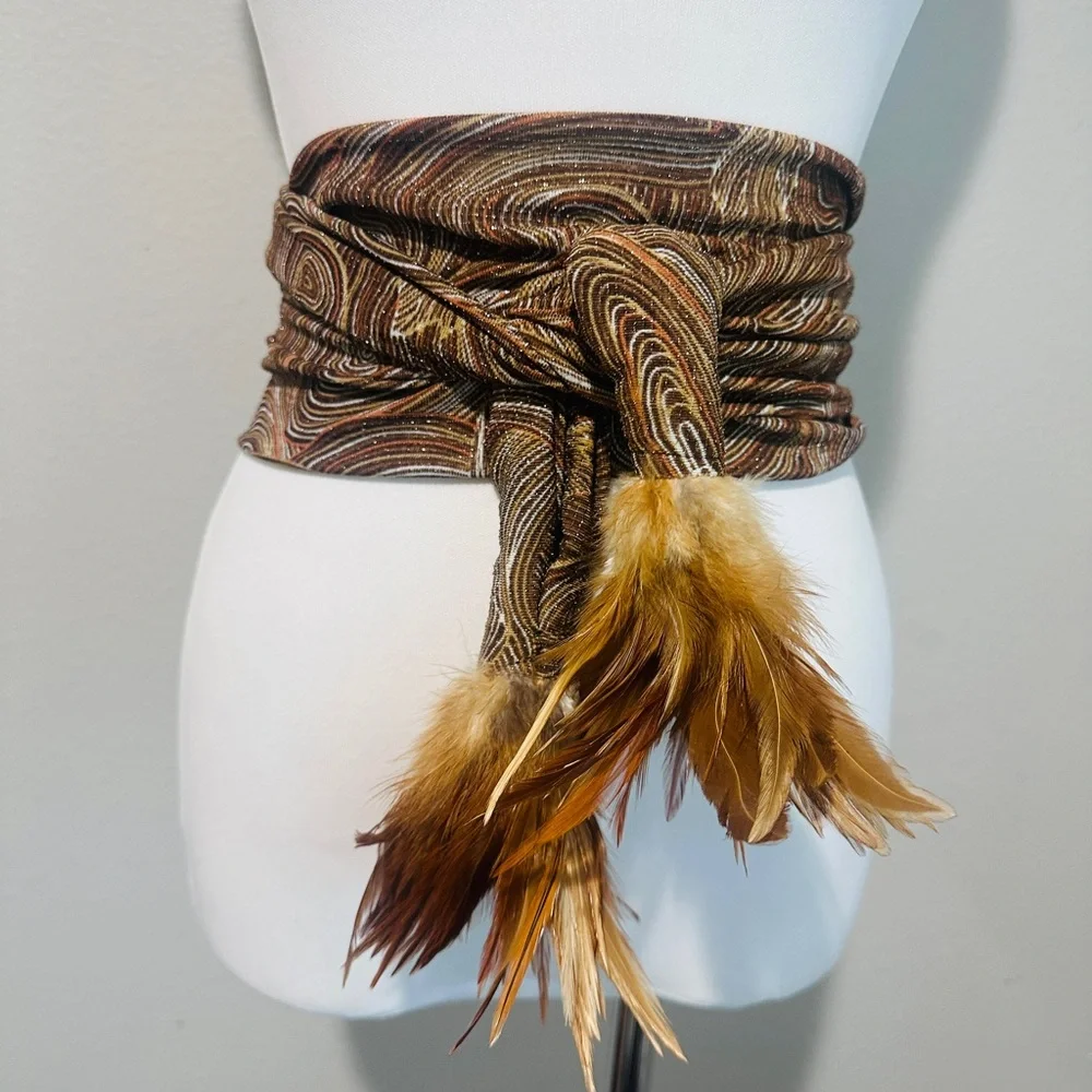 Metallic Boho Festival Scarf Belt with Feather Tassels – Artisan Style Statement
